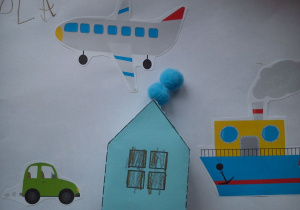 Na pracy widać: dom, samolot, samochót i statek.